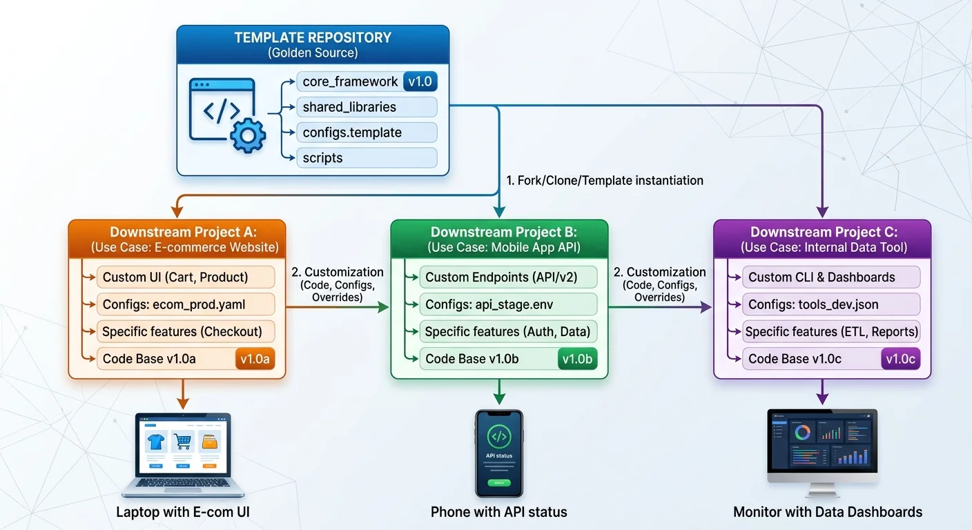 Flowchart showing how one template repository branches into multiple customized projects