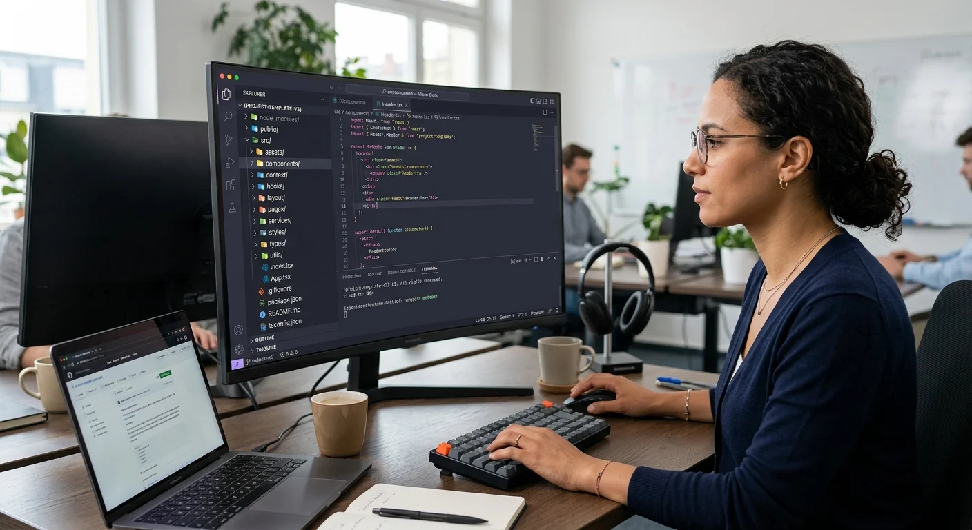 Developer reviewing project template folder structure in code editor