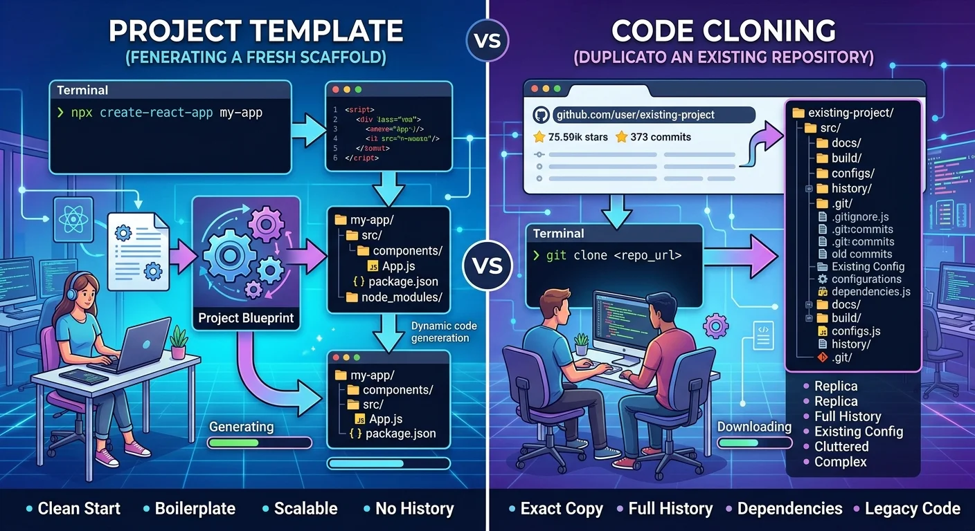 Diagram comparing project templates and code cloning workflows